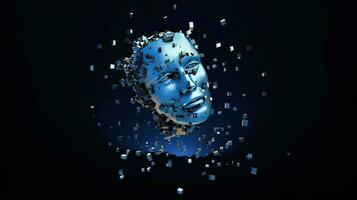 Artificial intelligence. Scattering head profile of a chrome-plated robot, dark blue background. AI generated. photo