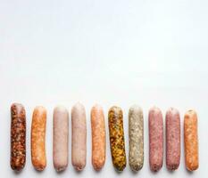 Various meat fresh sausages lie in a row, white background, isolate. AI generated. photo
