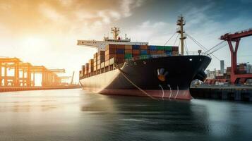 Cargo tanker in the port for unloading, loading. Export import of goods. Commercial delivery. AI generated. photo