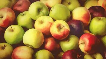 Fresco manzanas fondo, parte superior vista, granja orgánico frutas ai generado. foto