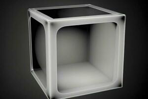 Empty podium pedestal transparent cube for product presentation, dark background. AI generated. photo