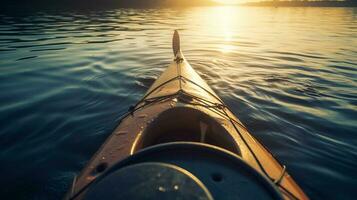 Active rest, tourism. Kayak floats on river in rays of sun. AI generated. photo