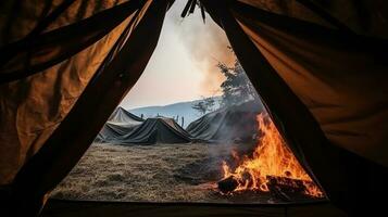 View from a tourist tent on a fire in the forest, active recreation. AI generated. photo