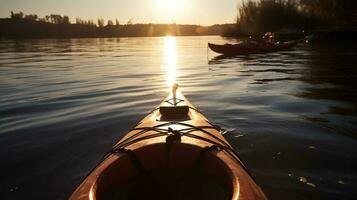 Active rest, tourism. Kayak floats on river in rays of sun. AI generated. photo