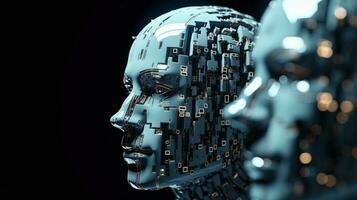 Artificial intelligence. Scattering head profile of a chrome-plated robot, black background. AI generated. photo