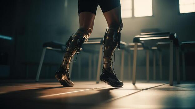A young disabled man with a prosthesis runs on a treadmill at the doctor. AI generated. photo