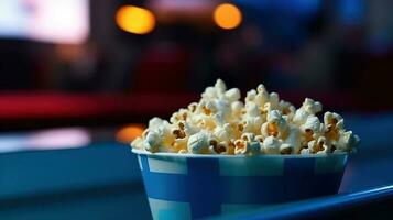 Popcorn, street fast food, on blurred background in colored plate. AI generated. photo