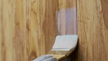 Hand in glove holding brush is applying lacquer or protective varnish on wooden wall. Protect the wood from moisture. video