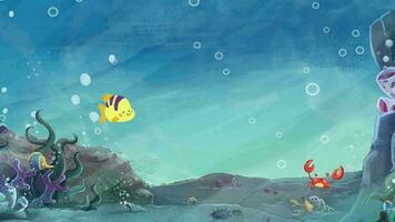 Children's and fun cartoon, seabed with fish and algae with other funny animals video