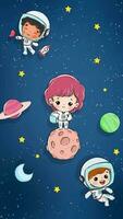 astronauta niños en espacio en trajes espaciales explorador. linda kawaii estilo dibujo. video