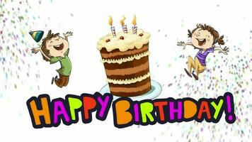 Children jumping celebrating a birthday around a cake and confetti with the text happy birthday in english video