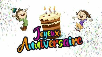 barn Hoppar runt om en kaka fira en födelsedag med de text Lycklig födelsedag i franska video