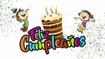 Happy birthday, children jumping around a cake celebrating with the text in spanish video