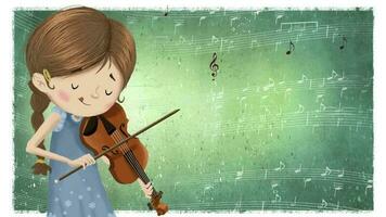 flicka spelar de fiol, Bakom är en ark musik och hon är njuter medan spelar eller inlärning video