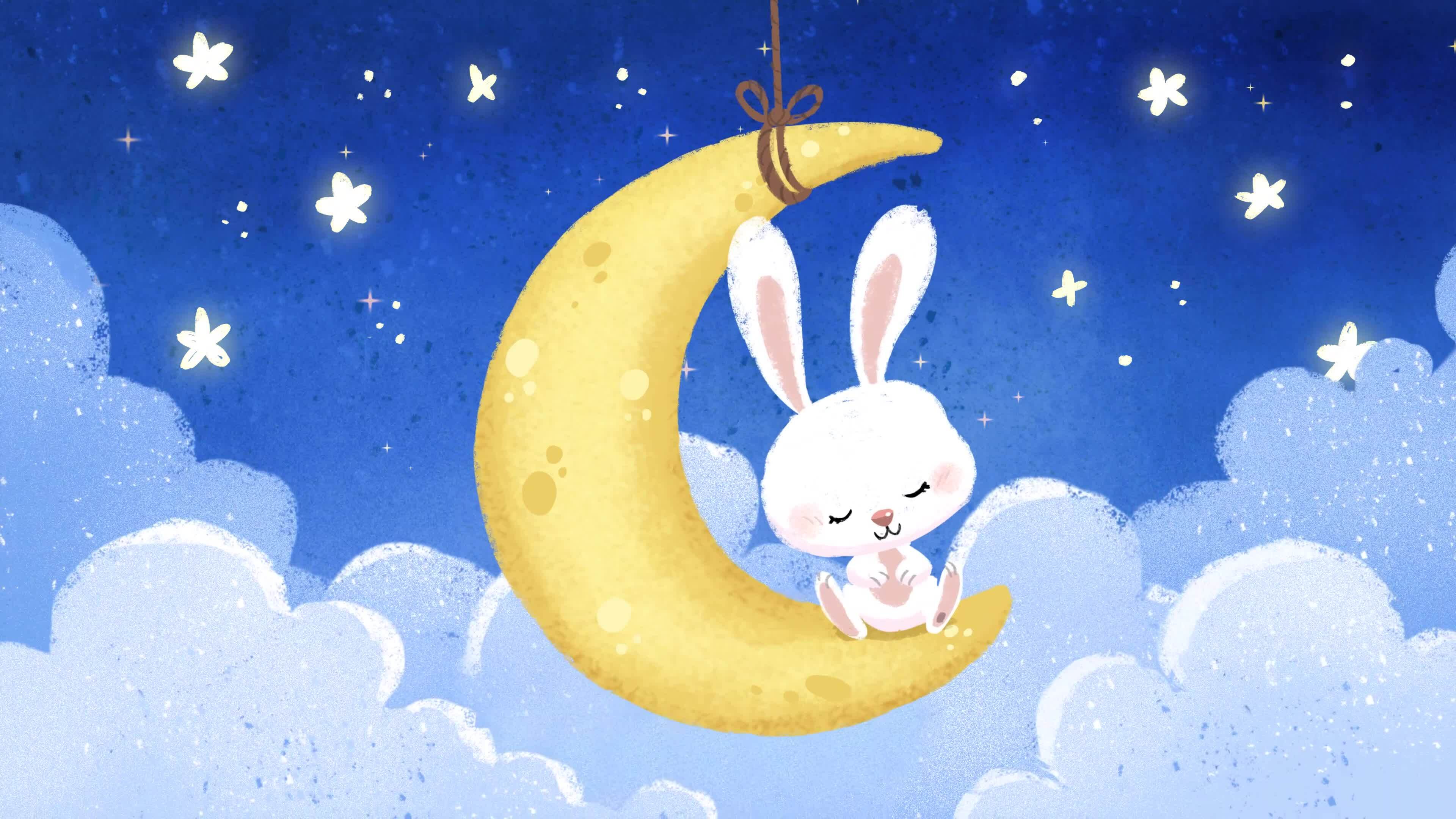 Adorable rabbit sitting on the moon surrounded by stars and clouds that ...