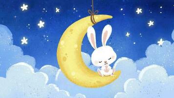 Adorable rabbit sitting on the moon surrounded by stars and clouds that is sleeping peacefully video