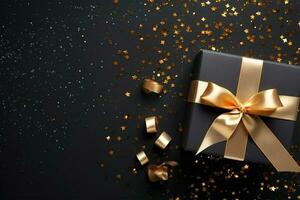 Shiny gift box with golden bow on black background. Space for text. photo