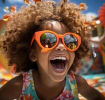 niño en nadando piscina con Gafas de sol sonriente, en el estilo de foto-realista paisajes ai generado foto