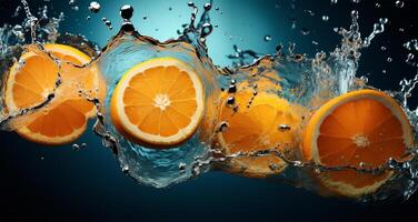 Fresh oranges in water splash on dark blue background. 3d rendering photo