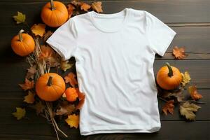 White t-shirt mockup with pumpkins on black background AI Generated photo