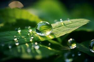 Beautiful water drops sparkle in sun on leaf in sunlight photo