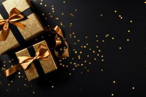 Shiny gift box with golden bow on black background. Space for text. photo