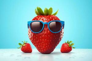 Strawberry wearing sunglasses on blue background AI Generated photo