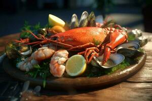 delicioso Mariscos en un de madera mesa ai generado foto