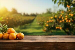 Wood table with free space over orange trees AI Generated photo