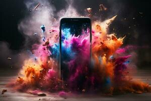 Smartphone pub concept Powerful explosion of powder explosion dust, holi AI Generated photo