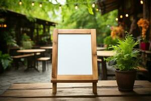 Empty white menu stand in wooden frame photo
