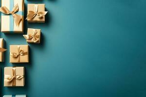 Elegant blue present box with golden bow on a dark blue background, copy space. Gift box, top view. photo