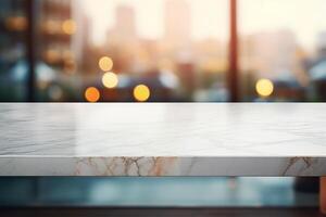 White marble table top and blurred abstract background from photo