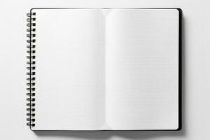 blanco abierto cuaderno aislado terminado un transparente fondo, negocio papelería, escuela, arte, o arte suministrar, parte superior ver ai generado foto