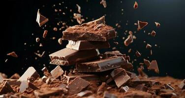 piezas de chocolate y cacao polvo salpicaduras en un negro antecedentes. internacional chocolate día celebracion ai generado foto