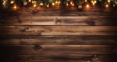 Christmas background with fir branches, golden lights and wooden planks. AI Generated photo