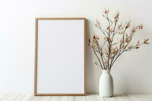 Wooden frame mockup in warm neutral minimalist Rustic interior photo