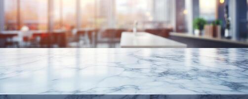 White marble table top and blurred abstract background from photo