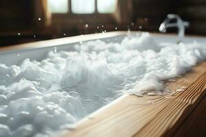 Bathtub filled with foam on top of a wooden floor photo