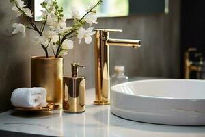 A beautiful sink with water turned on with a golden faucet photo
