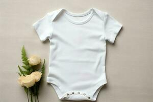 White baby bodysuit and flowers on white wooden background, top view AI Generated photo