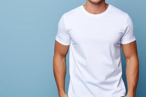 Man in blank white t-shirt on blue background. Mockup for design AI Generated photo