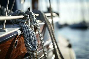 Sailing yacht in the sunset light. Close-up of the bow and sails AI Generated photo