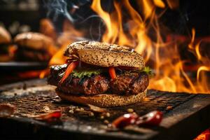 Hamburger hot spices grilled on bbq fire flame grill AI Generated photo
