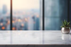 White marble table top and blurred abstract background from photo