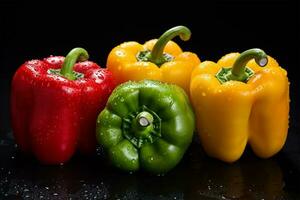 Close-up shot of colored bell peppers with drops of water photo