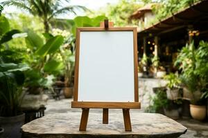 Empty white menu stand in wooden frame photo