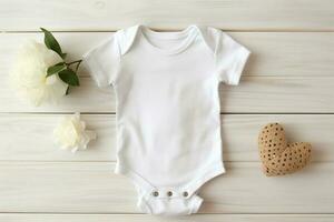 White baby bodysuit and flowers on white wooden background, top view AI Generated photo