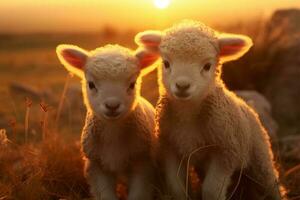 Icelandic sheep Ram with magnificent corkscrew horns laid in the grass n field in warm sunset light , Eid-al-Adha concept photo