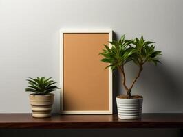Mockup poster on shelf with pile of magazines , Mockups Design 3D, High-quality Mockups, photo